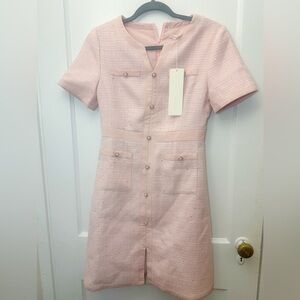 NWT GOELIA Pink Gathered Waist Single-Breasted Sequins Tweed Mini Dress